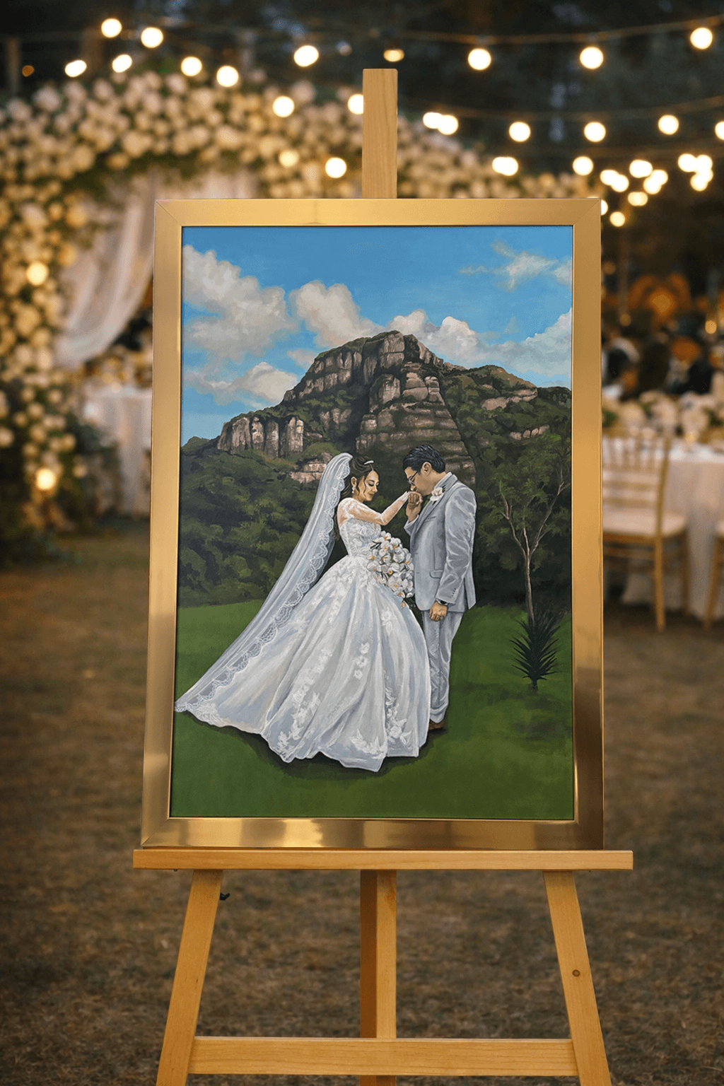 Retrato de novios pintado en vivo por Michelle Ortega durante una boda